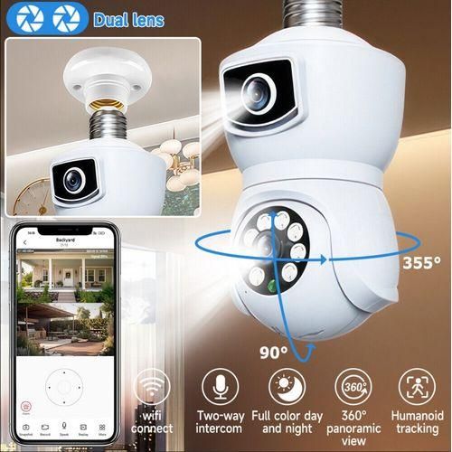 Binocular Bulb Camera WiFi Outdoor Night Vision Bulb Camera Dual Lens Wifi 360° Rotation Lamp Head Socket Smart Night Vision 2mp+2mp Wireless Camera With Cloud Storage