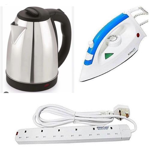 2L Electric Kettle, Flat Iron, & Power King 6 Way - Silver