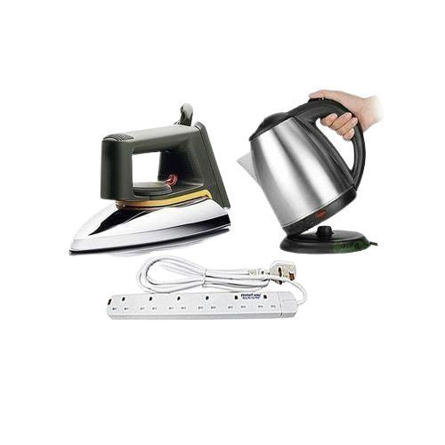 Flat Iron, Electric Kettle 2L  & 6 Way Extension Cable - Silver, White