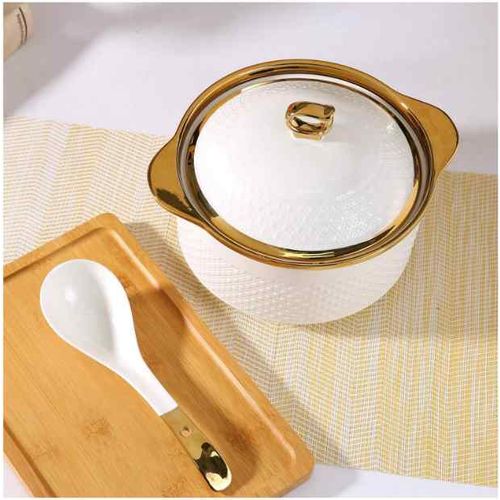 Sundabest 1set Ceramic Soup Bowl With Lid & Ladle, Gold Rim Ceramic Pot