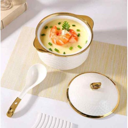 Sundabest 1set Ceramic Soup Bowl With Lid & Ladle, Gold Rim Ceramic Pot