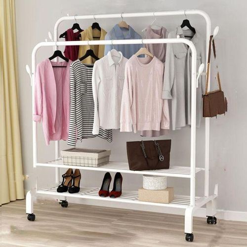 Carbon Steel Double Pole Coat Rack Indoor Bedroom Clothes Drying Rail Balcony Hanging Clothes Shoes Rack Standing Storage Organizer With Hooks- Color May Vary