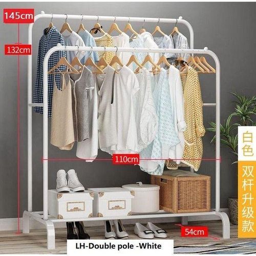Carbon Steel Double Pole Coat Rack Indoor Bedroom Clothes Drying Rail Balcony Hanging Clothes Shoes Rack Standing Storage Organizer With Hooks- Color May Vary