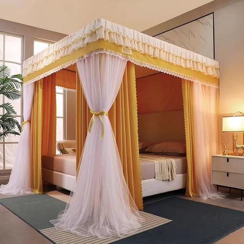 David Curtain Mosquito Net With 4 Steel Stands & Unique Lace Design &Luxurious Packaging Double-layer Bed Net S4 Gold