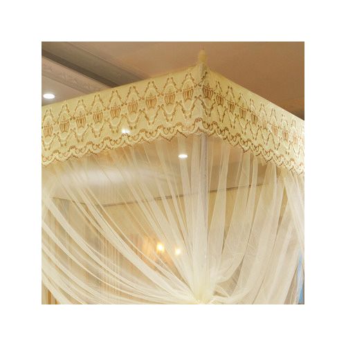 David Palace Lace Design  Mosquito Net With 4 Stand Baking Paint  & 3 Doors High-density Mesh Bed Net  S3 Cream