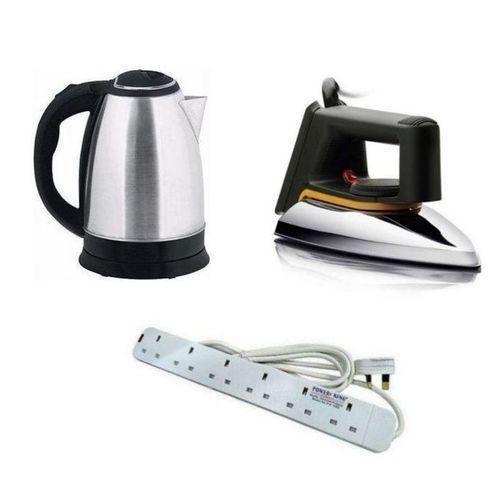 Bundle Of  Flat Iron, Scarlet Kettle 2 Ltr & 6Way Extension Cable - Silver
