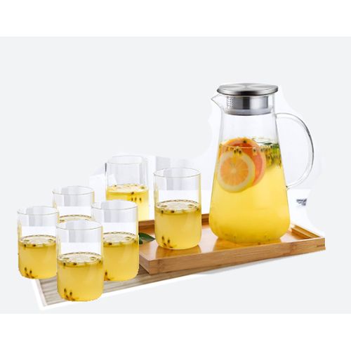 Deli Clear Glass Jug Set-1L Jug + 6 Drinking Glasses.