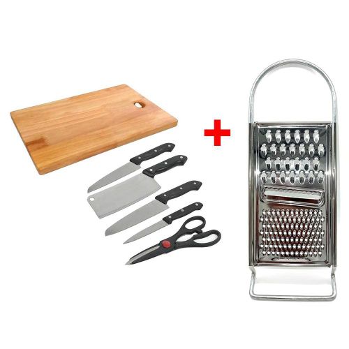 6Pc Kitchen Knife Set With Wooden Chopping Board + A Grater- Silver, Black