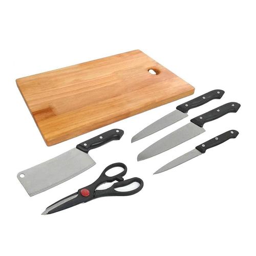 6Pc Kitchen Knife Set With Wooden Chopping Board + A Grater- Silver, Black