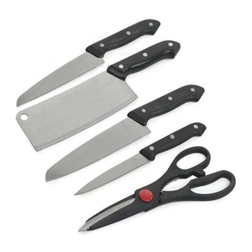 6Pc Kitchen Knife Set With Wooden Chopping Board + A Grater- Silver, Black