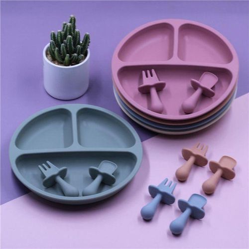Silicone Baby Tableware with Suction Cup Toddler Plate and Portable Fork Spoon Kids Food Bowl Set D