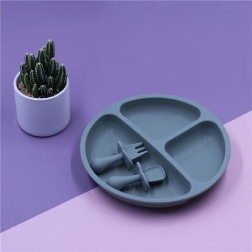 Silicone Baby Tableware with Suction Cup Toddler Plate and Portable Fork Spoon Kids Food Bowl Set D
