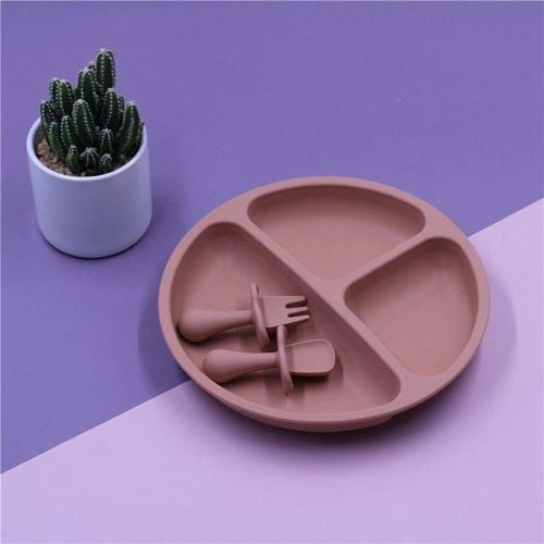 Silicone Baby Tableware with Suction Cup Toddler Plate and Portable Fork Spoon Kids Food Bowl Set D