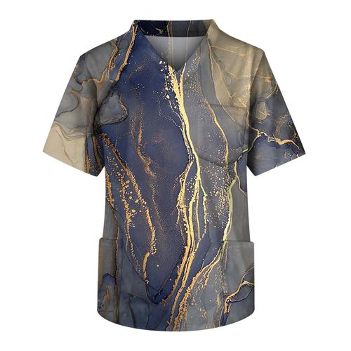 Men's Printing Short Sleeve V-neck Working Blouse Chest Pocket Carer Top