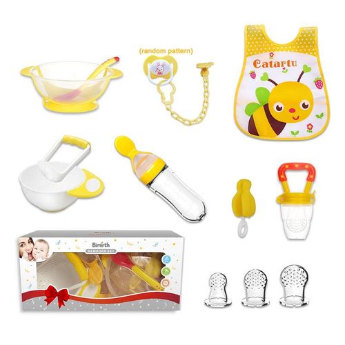 Bimirth All-in-one Yellow 12pcs Baby Pureed Food Masher Maker Silicone Bottle Feeder Fruit Pacifier Feeder Utensils Solid Feeding Starter Tools