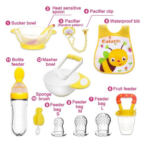 Bimirth All-in-one Yellow 12pcs Baby Pureed Food Masher Maker Silicone Bottle Feeder Fruit Pacifier Feeder Utensils Solid Feeding Starter Tools