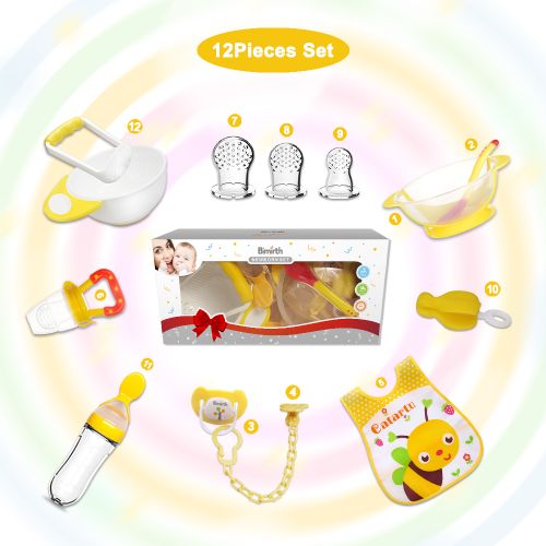 Bimirth All-in-one Yellow 12pcs Baby Pureed Food Masher Maker Silicone Bottle Feeder Fruit Pacifier Feeder Utensils Solid Feeding Starter Tools