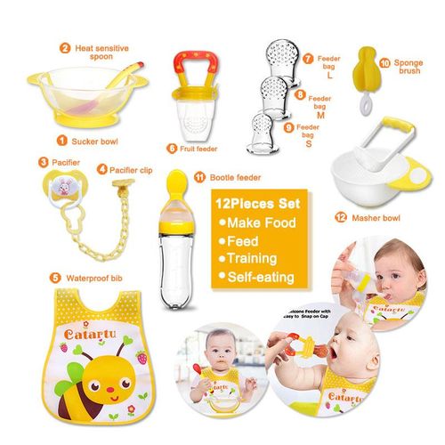 Bimirth All-in-one Yellow 12pcs Baby Pureed Food Masher Maker Silicone Bottle Feeder Fruit Pacifier Feeder Utensils Solid Feeding Starter Tools