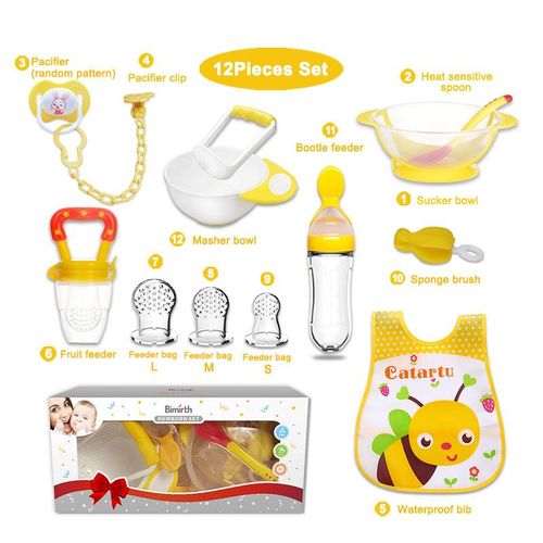 Bimirth All-in-one Yellow 12pcs Baby Pureed Food Masher Maker Silicone Bottle Feeder Fruit Pacifier Feeder Utensils Solid Feeding Starter Tools