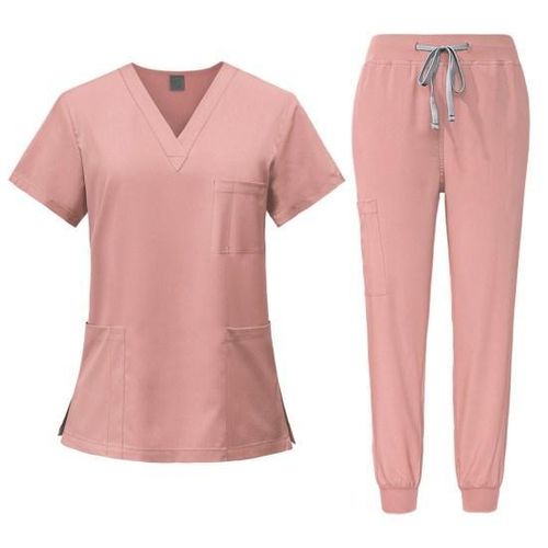 2Pcs/Set Men Women Hospital Uniform Set V-neck Short Sleeve Side Split Tops Elastic Drawstring Waist Jogger Pa More