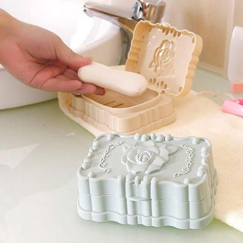 Soap Storage Dish Practical Dustproof Rose Pattern Portable Soap Holder Storage Box For Travel Business Trip HomeBlue