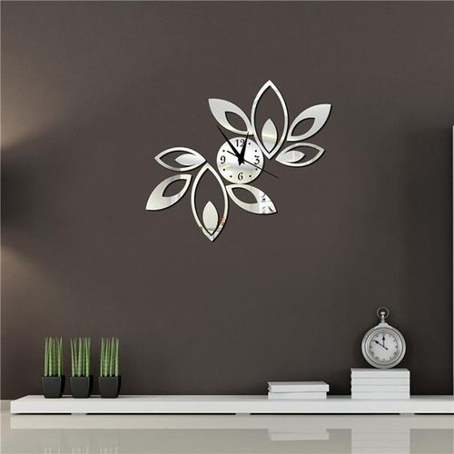 Art Wall Clock Mirror Frameless Leaves Large Wall Clock Silent Wall Clock for Decorative Living Room, Gold, Silver, Red Black