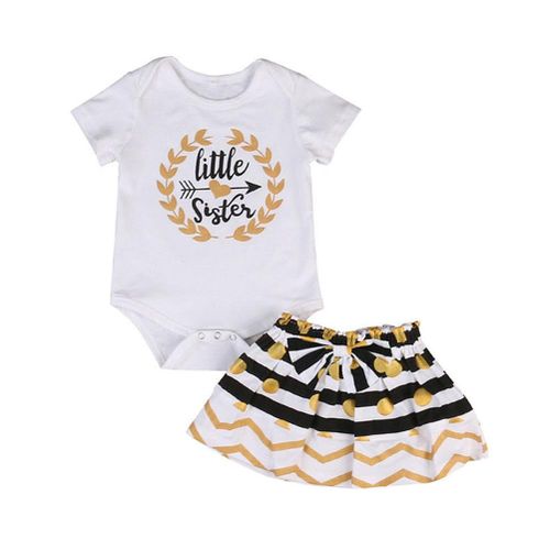 Fashion Summer Children Girl 2 Pieces Set Sister Letter Printed Short Sleeve Baby Kids Romper Skirt Suit For 0-4 Years,80cm NO5116