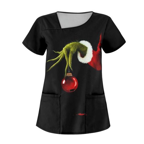 Women's Casual Christmas Cartoon Printed Short Sleeve Workwear With Double Pockets Top