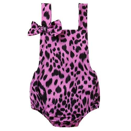 Lovely Baby Girls Boys Leopard Printed Rompers Sleeveless Bowknot Shoulder Strap Jumpsuit For Summer,Purple,80cm NO5116