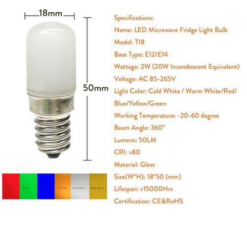 Colorful T18 Mini E14 E12 LED Bulb Refrigerator Light 2W Red Green Blue Yellow Cold / Warm White Lamp AC 85-265V For Freezer