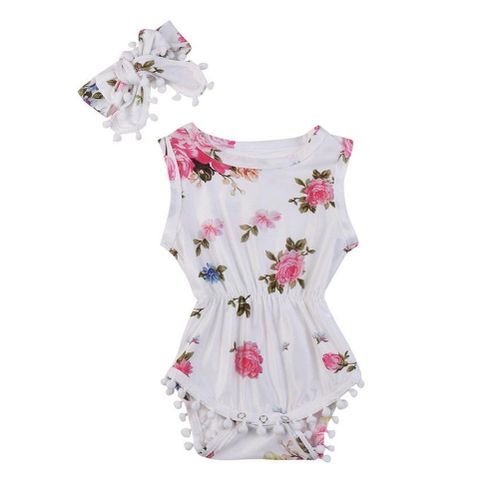 New Simple Fashion Summer Girl Romper Sleeveless Flower Printing Infant Baby Jumpsuit + Headband Suit For 0-2 Year,70cm NO5115
