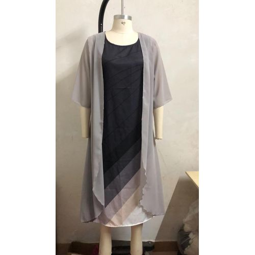European And American Hot Selling Independent Station Amazon Wish Explosion  Elegant Gradient Color Printing Dress Two-piece Set Gray 2 XXXL