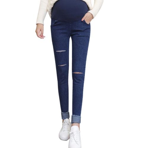 New Pregnant Women Jeans Elastic Waist Holes Denim Nursing Prop Belly Maternity Pants Casual Trouser,XL NO5114