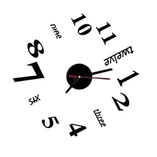 3D Mirror Wall Clock DIY  Large Frameless Sticker Clock Black