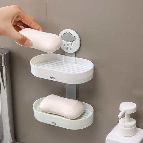 2layer Cute Cloud Punch Free Soap Storage Box Draining Rack Bathroom OrganizerLight Blue