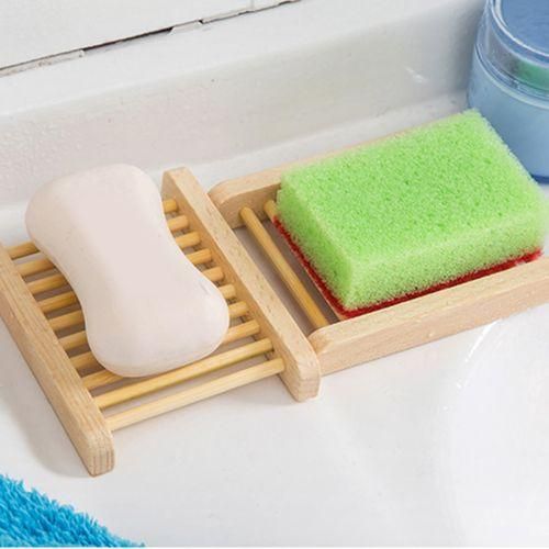 Natural Wood Soap Sponge Drain Storage Holder Tray Bathroom Kitchen OrganizerWood Color