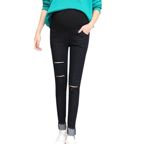 New Pregnant Women Jeans Elastic Waist Holes Denim Nursing Prop Belly Maternity Pants Casual Trouser,M NO5112