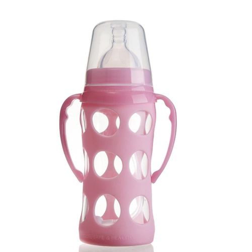 New 240ML Infant Glass Feeding Bottle With Handle + Straw Silicone Cover Scald Proof Baby Newborn Water Food Feeder Bottles,Pink NO5148