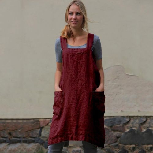 Women Cotton Linen Pinafore Square Cross Apron Garden Work Pinafore Dress