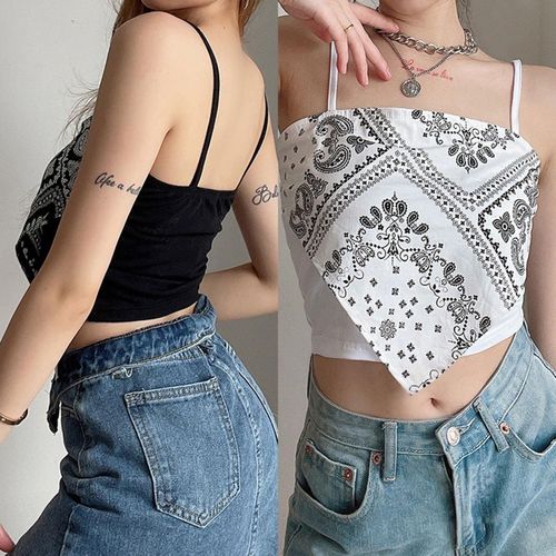 Women Crop Cami Top Paisley Print Spaghetti Strap Irregular Scarf Vast Sexy Vintage Tube Crop Top NO5137