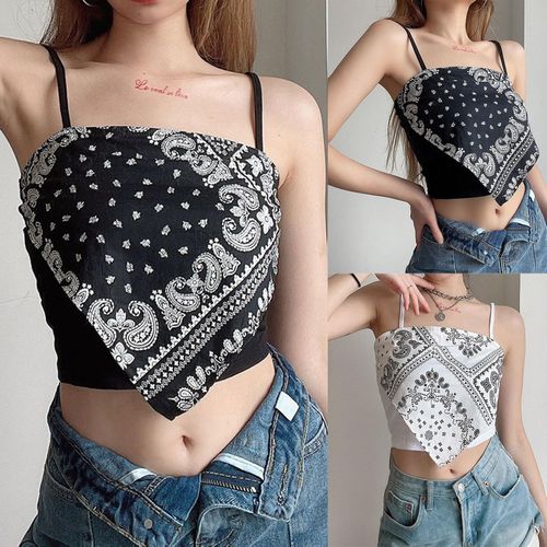 Women Crop Cami Top Paisley Print Spaghetti Strap Irregular Scarf Vast Sexy Vintage Tube Crop Top NO5137