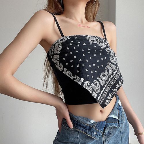 Women Crop Cami Top Paisley Print Spaghetti Strap Irregular Scarf Vast Sexy Vintage Tube Crop Top NO5137