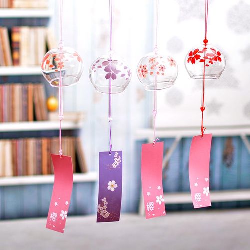 Faanina 4 PCS Colours Japanese Cherry Blossom Glass Wind Chimes, Dark Red, Pearl Pink, Medium Purple Wind Chimes with Paper Blessing Pendant for Wedding Indoor/Outdoor Decoration