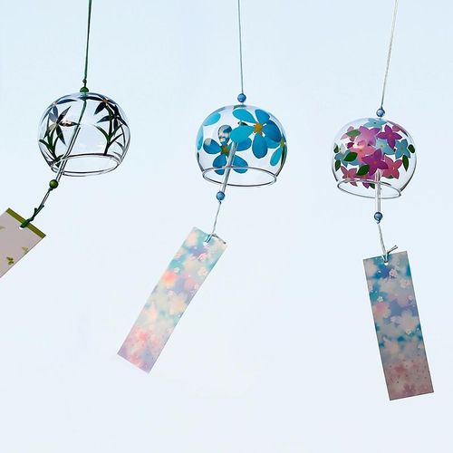Faanina 4 PCS Colours Japanese Cherry Blossom Glass Wind Chimes, Dark Red, Pearl Pink, Medium Purple Wind Chimes with Paper Blessing Pendant for Wedding Indoor/Outdoor Decoration