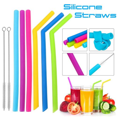 6x Reusable Food Grade Silicone Drinking Straight/Bent Straw Straws FREE Brushes