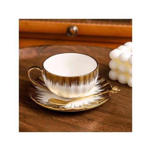 250ml Ceramic Coffee Mug/Tea Cup Set, Gold Color, Includes Saucer And Spoon, Elegant English