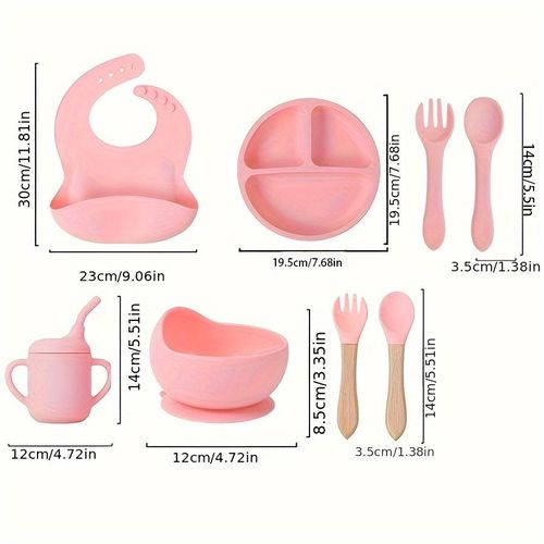 8-Piece Silicone Baby Led Feeding Set, Suction Plates, Soft Bowl, Utensils & Bib For Self-Feeding