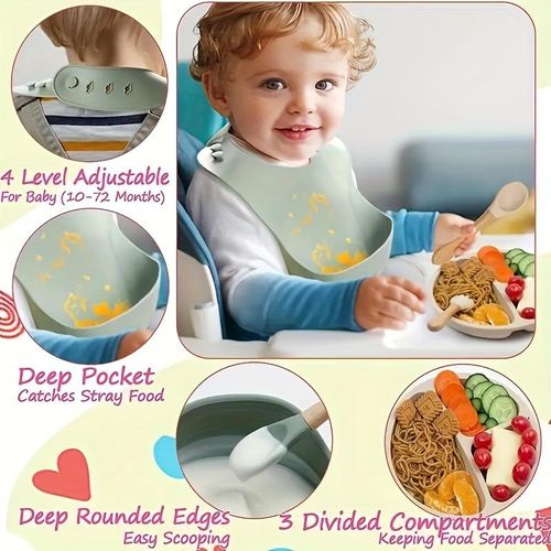 8-Piece Silicone Baby Led Feeding Set, Suction Plates, Soft Bowl, Utensils & Bib For Self-Feeding