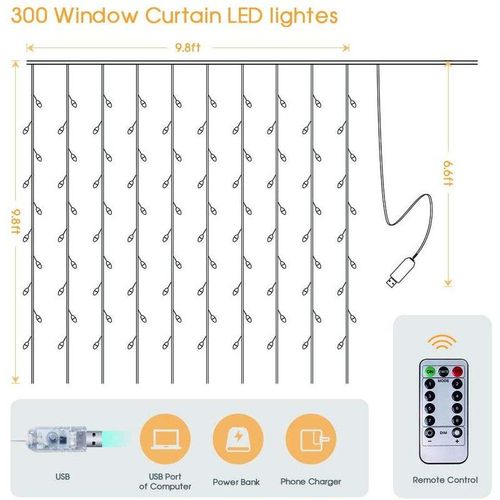Curtain LED 3x3m 300led string light USB fairy icicle copper wire remote control Christmas wedding garden window outside