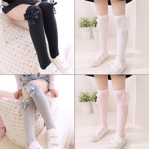 High Quality Girl Chic Kids Cotton Socks Tights School High Knee Gridding Bow Dance Stockings NO5277